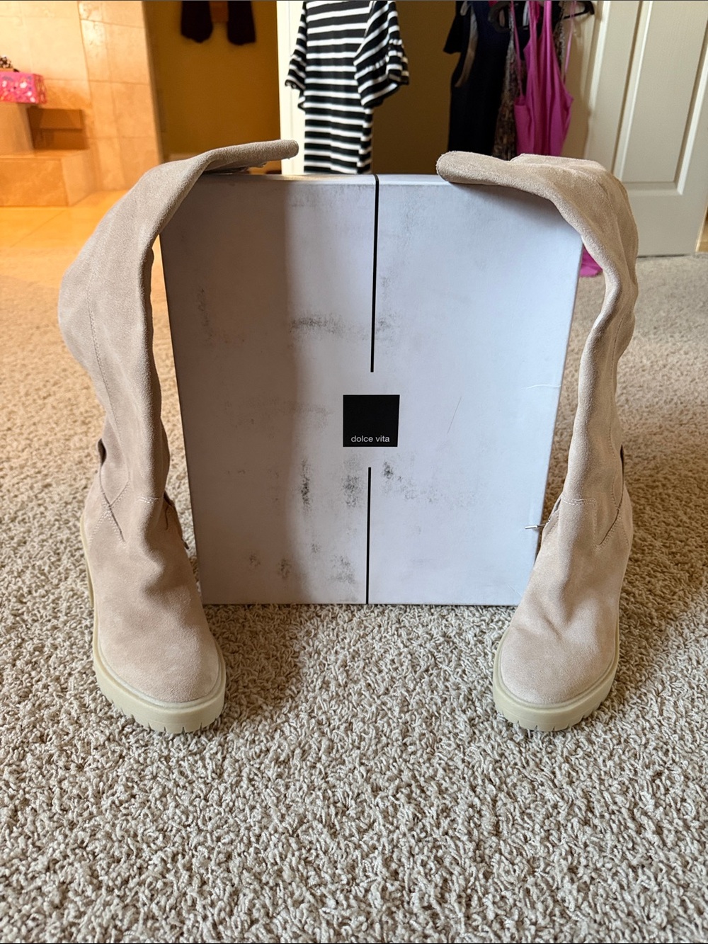 Dolce Vita Light Beige Suede Over-the-Knee Platform Boots